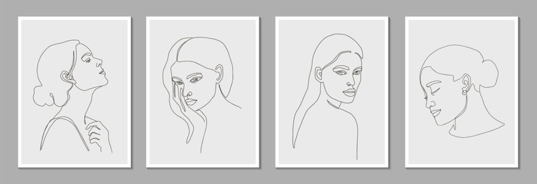 Set of posters template with minimalistic female figure. Woman portraits. One line art female body, faces. Modern abstract line art style. Vector illustration. 