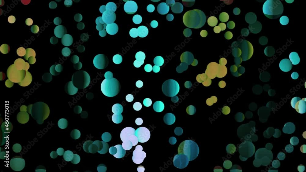 Poster orderly movement of colorful shiny round shaped particles over black backdrop, seamless loop. motion