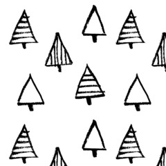 Obraz premium Vector background pattern of Christmas trees. Black on a white background. Doodle. Calligraphic style. Hand drawing