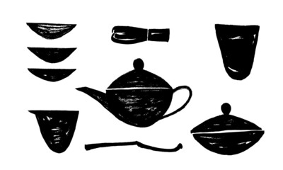 Set of vector images of utensils for the Japanese tea ceremony. Black on a white background. Doodle. Calligraphic style. Hand drawing