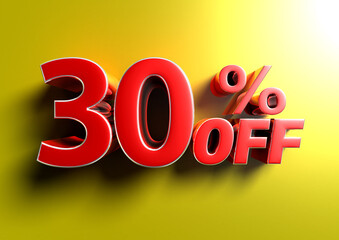 30 Percent off 3d illustration Sign on yellow background.