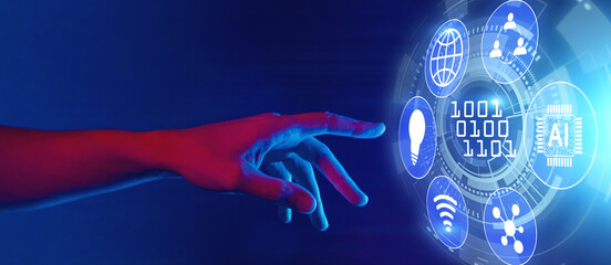 digital transformation, digitalization horizontal banner concept, AI technology, hand touching...