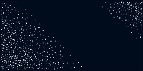 Christmas vector snow backdrop. Silver glitter background, falling and flying circle snowflakes confetti. Sparkle dots, round tinsel elements