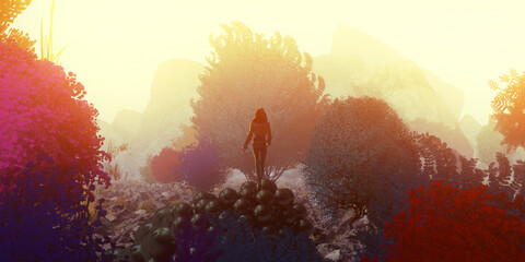 Futuristic science fiction illustration. Digital art. Fantasy scenery. Bright evening light.