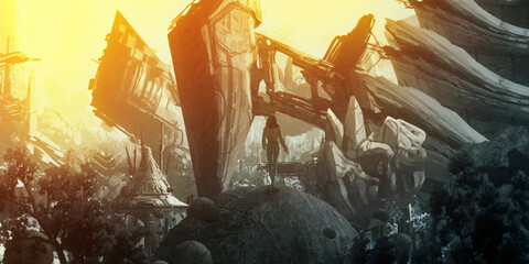 Futuristic science fiction illustration. Digital art. Fantasy scenery. Bright evening light. © Jakub