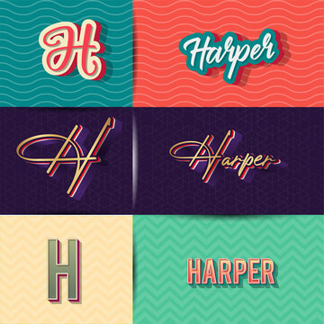 name Harper in various Retro graphic design elements, set of vector Retro Typography graphic design illustration