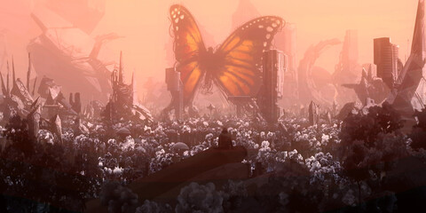Futuristic science fiction illustration. Digital art. Fantasy scenery. Bright evening light.