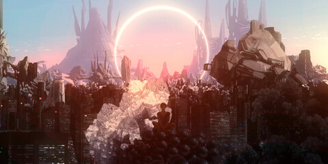 Fototapeta na wymiar Futuristic science fiction panorama. Digital art. Fantasy scenery.