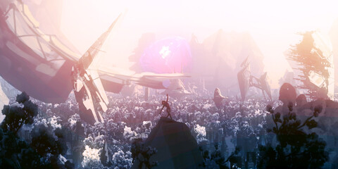 Futuristic science fiction panorama. Digital art. Fantasy scenery.