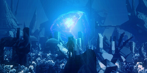 Obraz na płótnie Canvas Futuristic science fiction panorama. Digital art. Fantasy scenery.