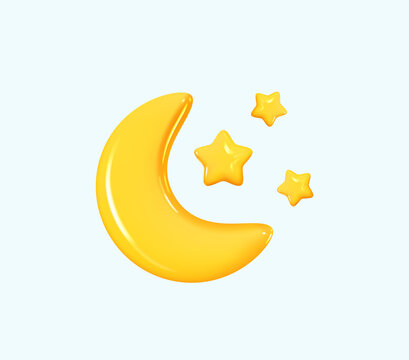 Half month and stars yellow. Realistic crescent 3d symbol design. Vector illustration