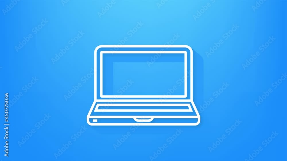 Poster white computer monitor screen line icon on blue background. motion graphics.