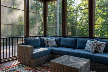 New modern screened porch with patio furniture, summertime woods in the background.