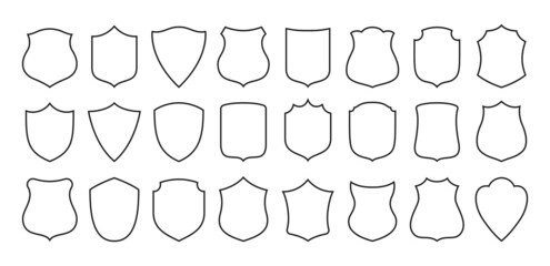 Shield badge contour icon set. Different security shield shape sign, military or heraldic shields and coat of arms kit. Black protection logo. Guard badge or guard symbol for web site logo, app vector