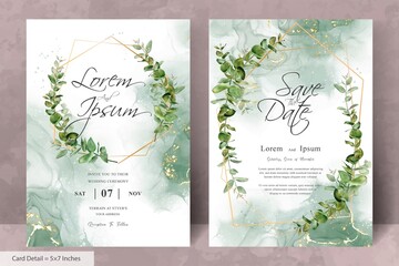 Greenery wedding invitation template with geometric and hand drawn eucalyptus - obrazy, fototapety, plakaty