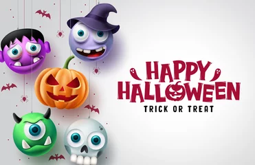 Poster Im Rahmen Halloween character vector background design. Happy halloween trick or treat text in white space with hanging scary pumpkin, skull, and witch horror characters. Vector illustration.  © AmazeinDesign