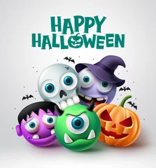 Fototapeten Halloween character vector design. Happy halloween text with scary pumpkin, skull, witch and cyclops horror characters background. Vector illustration.  © AmazeinDesign