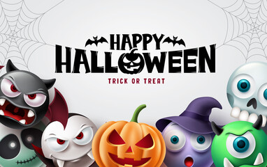 Happy halloween background design. Halloween trick or treat text with scary pumpkin, witch, vampire and skull for  horror party decoration. Vector illustration.
