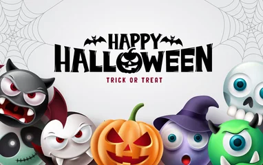 Foto op Aluminium Happy halloween background design. Halloween trick or treat text with scary pumpkin, witch, vampire and skull for  horror party decoration. Vector illustration.  © AmazeinDesign