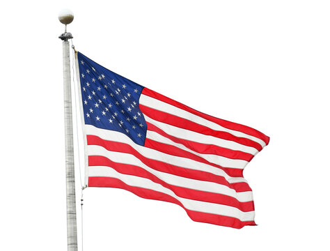 waving USA flag on pole isolated on white background