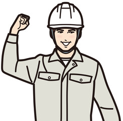 ガッツポーズするヘルメットの男性