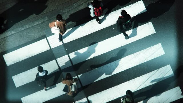 都会の横断歩道　歩く人々　暗い冬　スローモーション