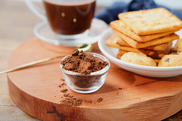 Hot chocolate in a glass and sugar crackers There is space on the background