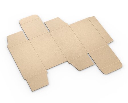 Blank unfolded paper packaging box template, 3d render illustration.