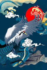 Abstract Art Japanese Simple White Crane with Gradient Blue Orange Background with Silhouette Water Stroke, Frequency and Stain Texture on WaterWave Pattern with Cloud Shape