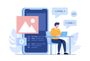 Mobile application developer. programming languages. css, html, it, ui. male programmer cartoon character developing website, coding. flat illustration banner
