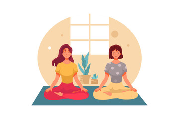 Two girl do yoga in lotus pose in room Illustration concept. Flat illustration isolated on white background. - obrazy, fototapety, plakaty