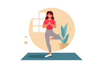 Woman standing on one leg in balance yoga pose Illustration concept. Flat illustration isolated on white background.