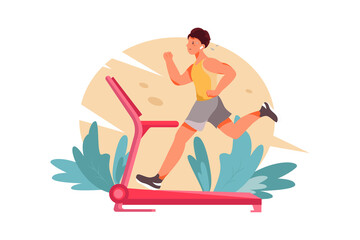Man works out on treadmill. Sport in room Illustration concept. Flat illustration isolated on white background.