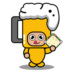 cute beer glass doodle costume mascot vector cartoon character eating sandwich