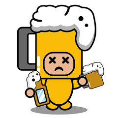 cute beer glass mascot costume doodle vector cartoon character holding beer bottle