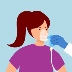 Doctor or nurse placing oxygen mask on woman patient. Oxygen therapy. Lung or respiratory system disease. Breathing problem. Inhaler assistance.