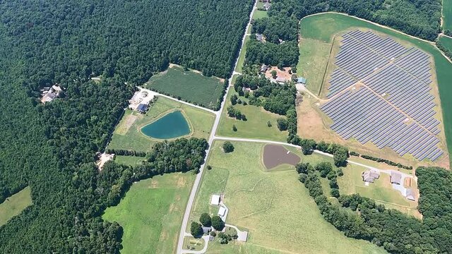 Bird eye view of solar farm and beautiful landscape in Burlington, North Carolina, USA