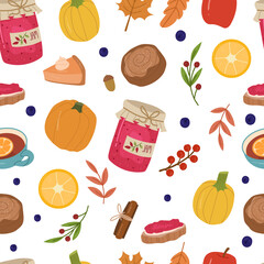 Autumn cozy seamless pattern with jam,tea,bun,leaves,berries,pumpkin pie,lemons. 