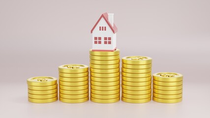 Home on stacks of coins, Property investment real estate  Home loan asset refinancing concept. Mini house on stack of coins. Concept of Investment property. Savings money or investing to buy a home.