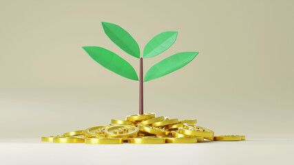 Fototapeta na wymiar 3d rendering, Business concept, growing tree from pile of golden coin, Saving money for the future. Investment Ideas and Business Growth. Pile of coins with plant on top for business, saving, growth