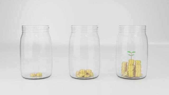Investment and finance growth business concept.  Green tree growing from money coins. 3d render isolated illustration. Glass jars with coins like diagram, savings concept.
