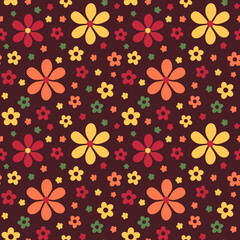 Retro 60s 70s Flowers on Brown Seamless Background