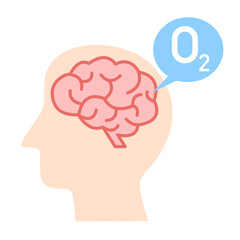 Human brain with oxygen formula in flat design on white background.