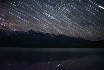stars tracks mountains lake reflection sky