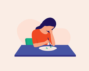 Young Depressed Woman Not Feeling Hungry And Just Eating Broccoli For Meal. Eating Disorder. - obrazy, fototapety, plakaty