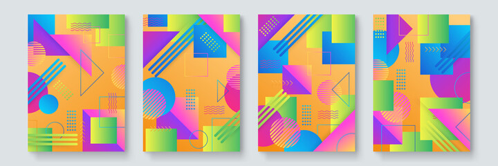 Fototapeta premium Modern abstract covers set, minimal covers design. Colorful geometric background, vector illustration. Trendy covers design. Minimal geometric shapes compositions. Applicable for brochures, posters