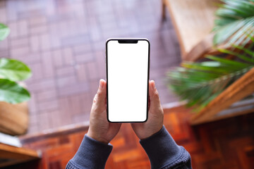 Top view mockup image of a woman holding mobile phone with blank desktop screen at home