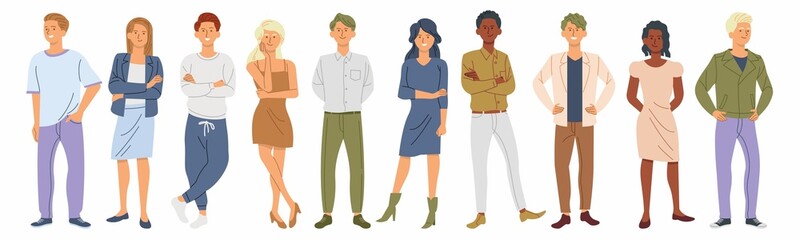 Peoples Smiling. Group portrait of funny smiling people in different poses standing together. Colorful flat style vector illustration.