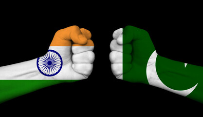 India vs, versus Pakistan. Conflict and tensions between India and Pakistan, black in the background