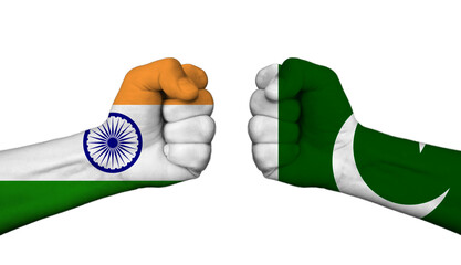 India vs, versus Pakistan. Conflict and tensions between India and Pakistan, white in the background